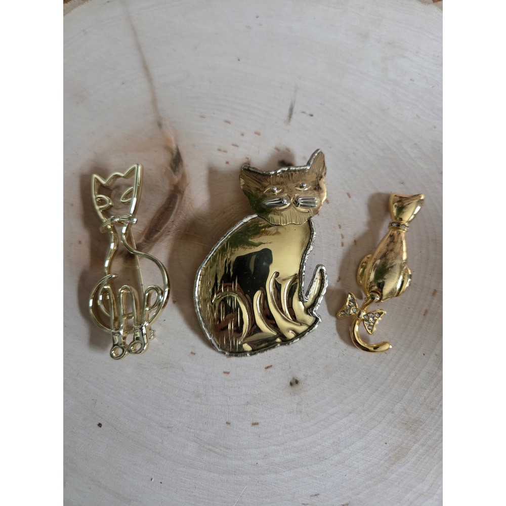 😎Vintage Gold Tone Cat Brooch Set Lot‎ of 3 Whimsical Feline Rhinestone Jewelry